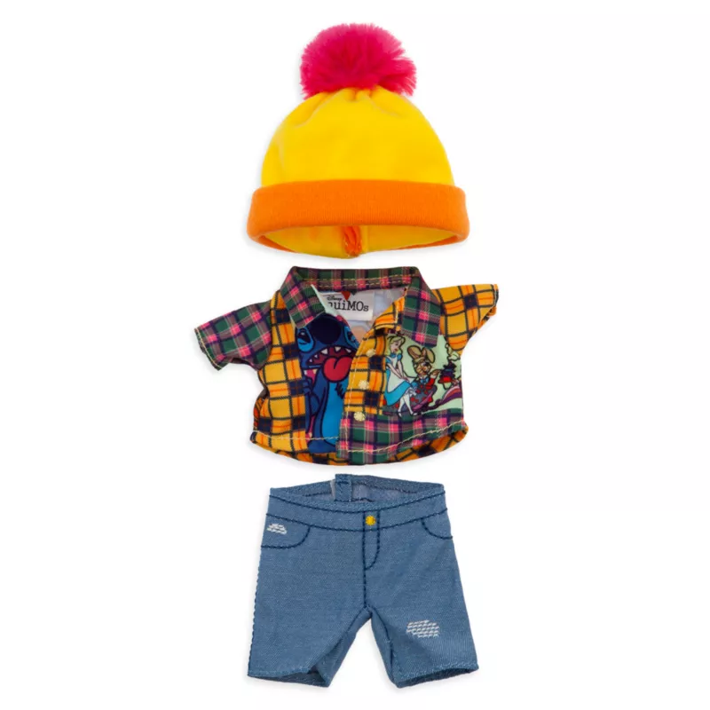 NuiMOs Small Plush Tartan Shirt, Denim Jeans And Pom Pom Hat